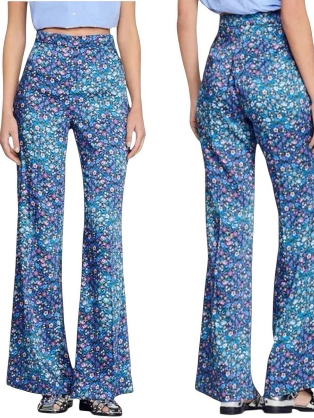 Sandro Donelo Satin Floral Print Flare Pants Size 34 NWT